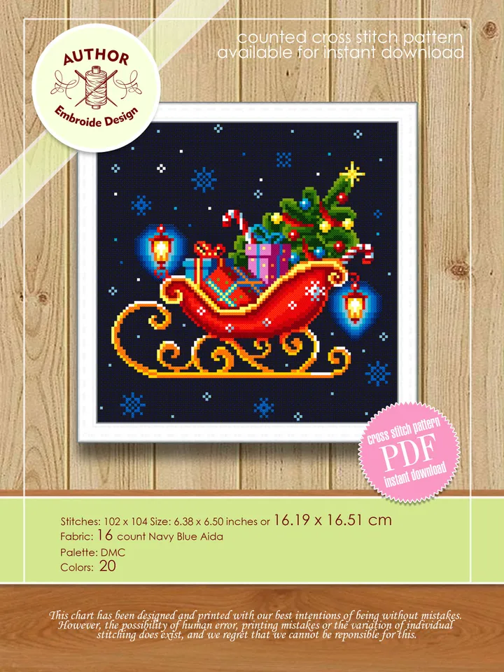 Santa sleigh with christmas tree cross stitch pattern download PDF Christmas pattern digital PDF, Christmas lanterns cross stitch chart #N13