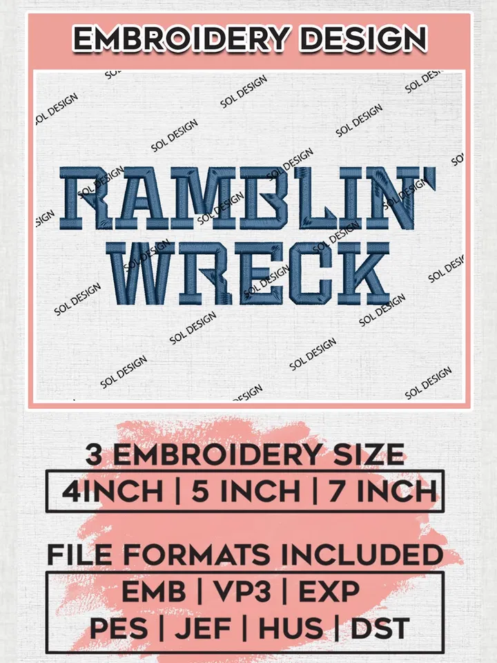 NCAA Rambling Wreck Team Word Logo Embroidery Design Files, NCAA Georgia Tech Yellow Jackets Machine Embroidery, NCAA Teams, 3 sizes, NCAA Machine embroidery designs, Digital Download