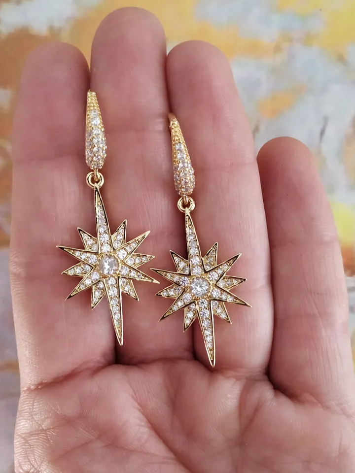 Gold Crystal Star Bridal Earrings | Gold Statement Earrings | Drop Wedding Earrings | Wedding Jewelry | Celestial Jewelry | Bridesmiad Gift