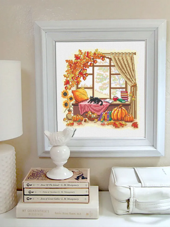 Autumn window cross stitch pattern PDF download Fall cross stitch chart, Autumn pattern digital PDF, Fall leaves embroidery, Home decor #L89