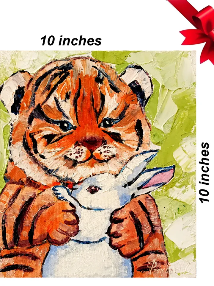 Tiger cub Painting Rabbit Original Art Christmas Gifts Impasto Oil Painting Tiger Painting Tiger Art Rabbit Art by ArtProkopaloSv