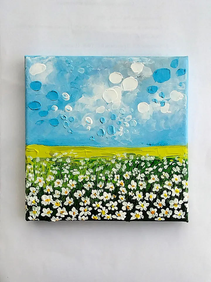 Daisies small painting Textured landscape art Mini artwork