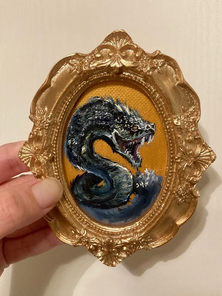 Basilisk Painting Small Original Oval Framed Art Witch Gifts Mini Gold Framed Decor, Mythical Creatures Art, Tiny Art Whimsigoth Decor