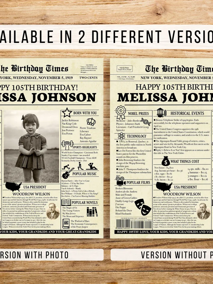 105th birthday, birthday gift for grandma or grandpa, grandma birthday gift, 105th birthday newspaper, 1919 birthday ideas, back in 1919