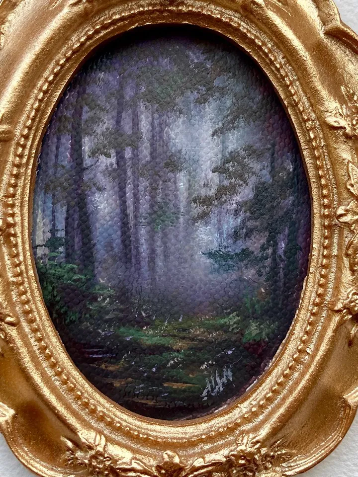 Forest Landscape Oil Painting Original In Vintage Style Frame Small Framed Oval Painting Art