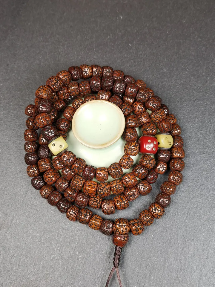 Gandhanra 108 Tibetan Rudraksha Beads Mala,Prayer Beads Necklace,Rosary Beads for Meditation,Diameter 0.35", Circumference 35"