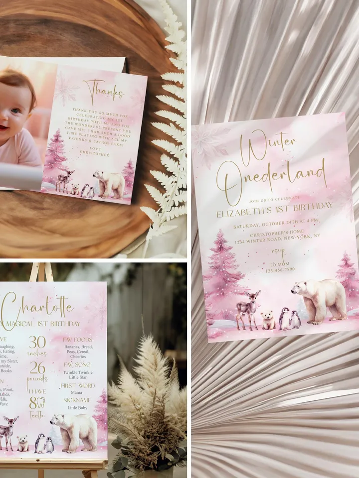 Winter Onederland First Birthday Bundle 1st Birthday Invitation Winter Onederland Girl Decorations, Polar Bear Arctic Animals, EDITABLE i123