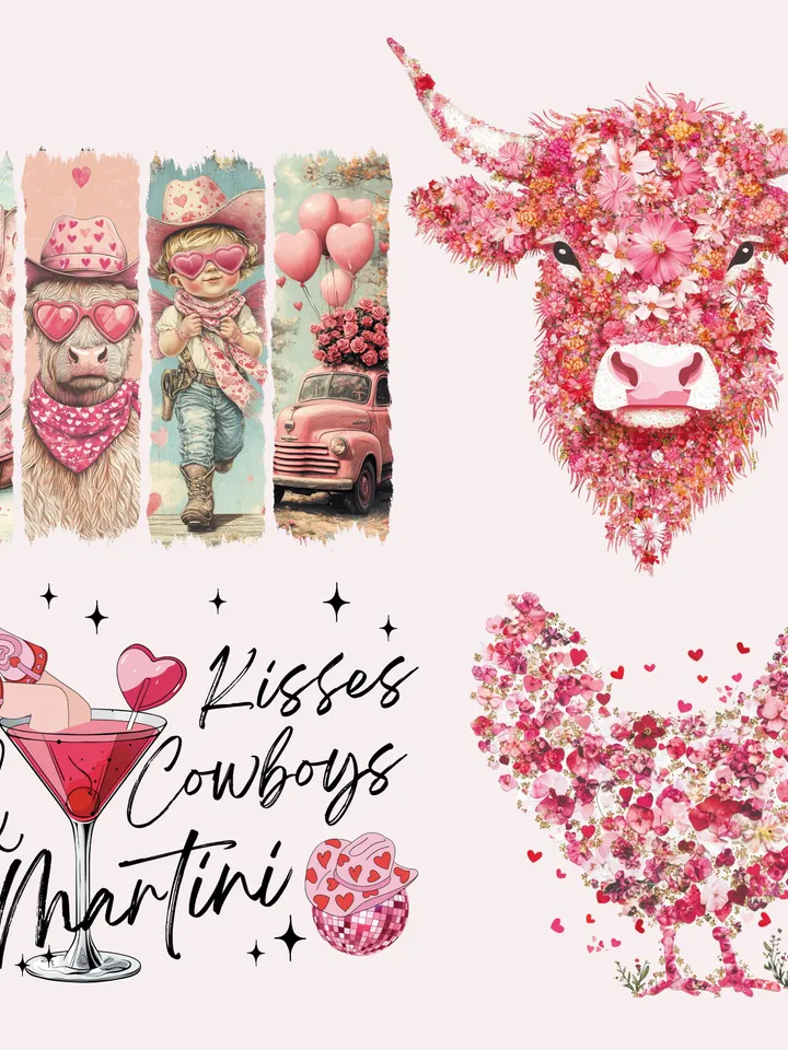 30 Bestseller Highland Cow Valentine Bundle Png, Howdy Valentine Coquette Png, Valentines Day Png, Western Valentine Png, Valentine Coquette