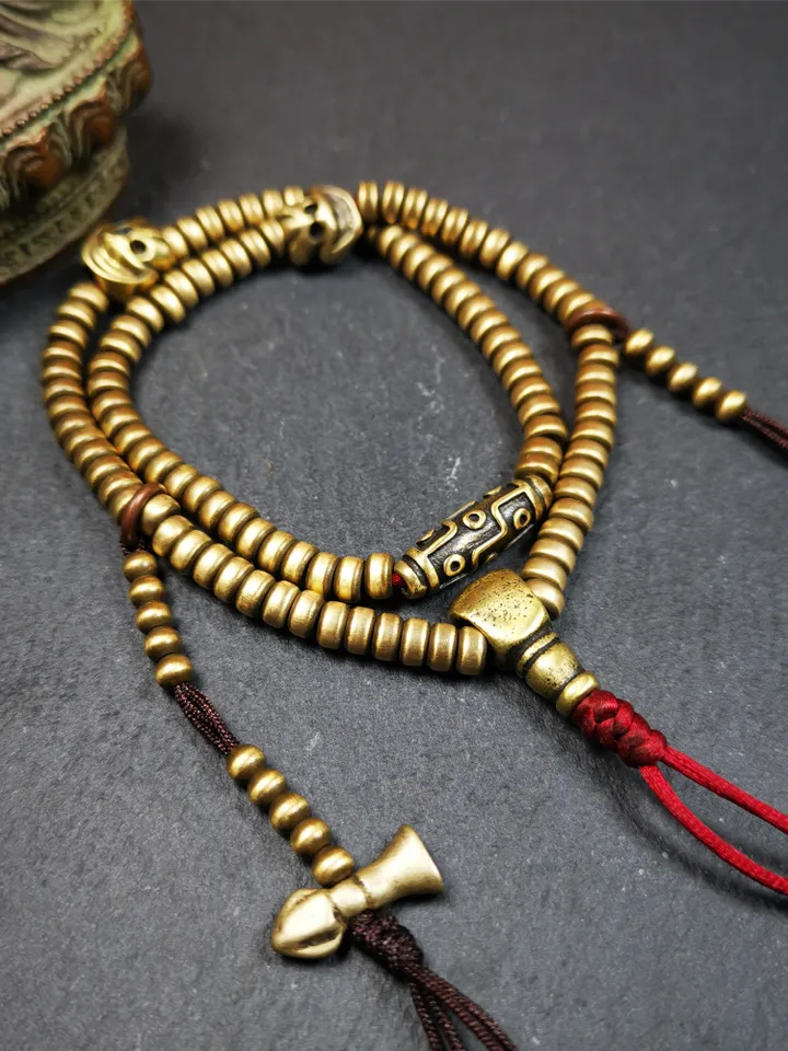 Gandhanra Handmade Lima Brass Mala,Old 108 Prayer Beads Necklace with Counters,for Meditation and Prayer