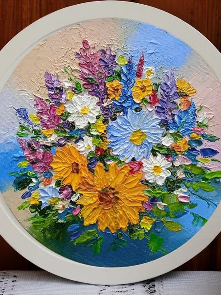Round Oil Painting Bright Flowers Chamomile Sunflowers Miniature Impasto d.18 cm