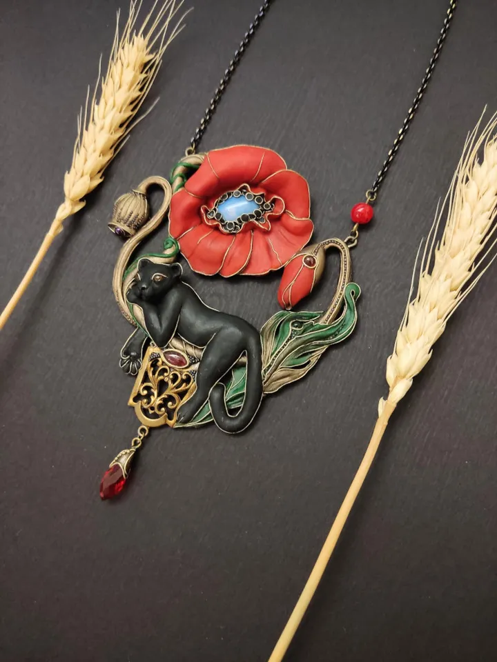 Poppy red necklace, Poppy pendant, Panther necklace, Black Panther, Panther pendant