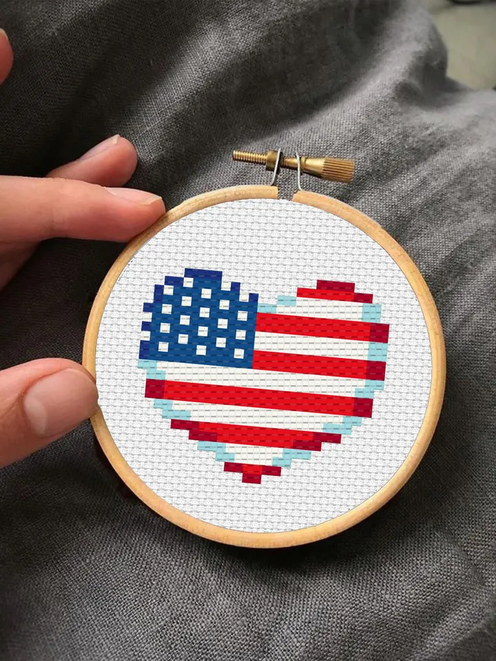 American flag heart cross stitch pattern PDF download Patriotic cross stitch chart, Independence Day 4th of July, USA flag cross stitch #T18