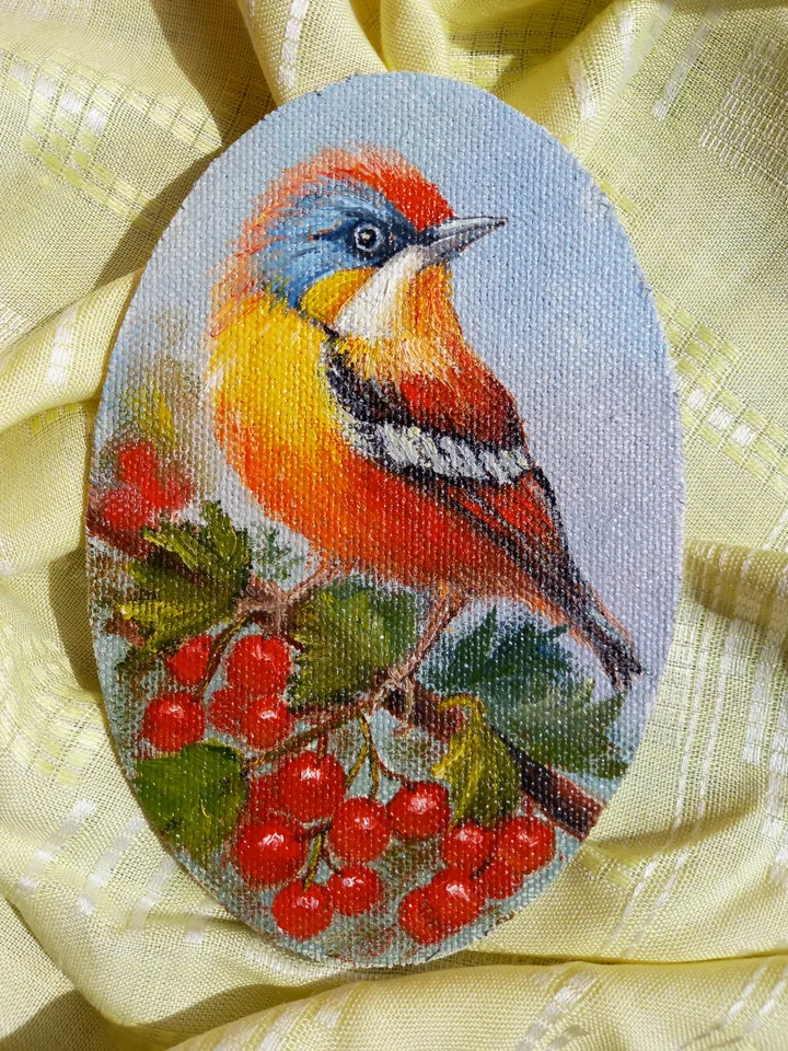 Bird original oil painting with a frame 15.5x21.5 cm