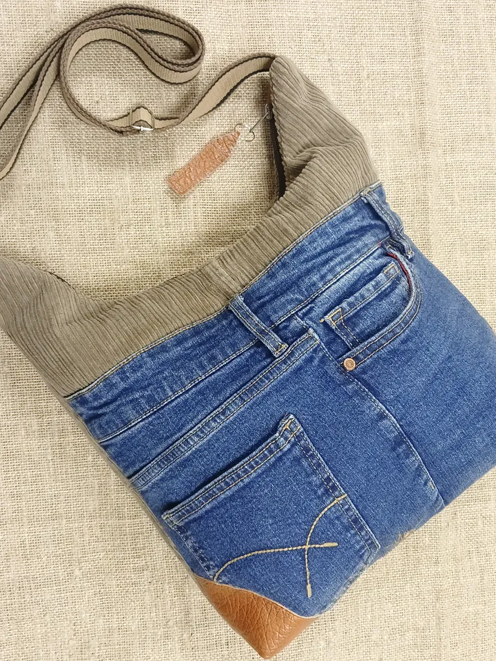 Hobo denim shoulder bag, corduroy crossbody bag, recycled denim handmade bag