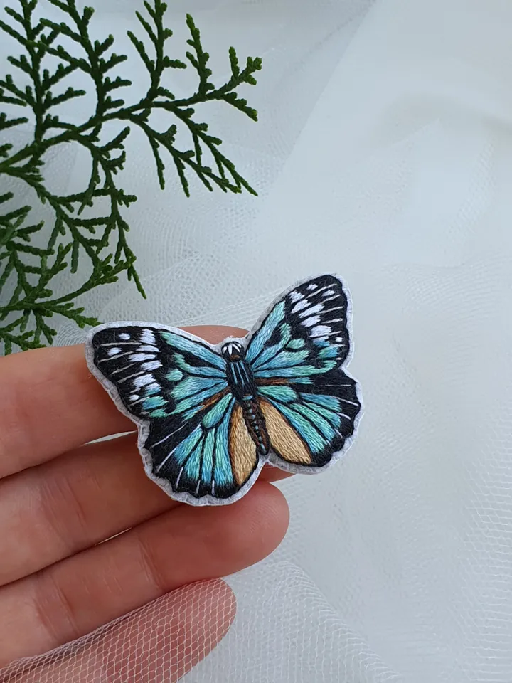 Butterfly Brooch. Hand-embroidered brooch, artistic satin stitch.