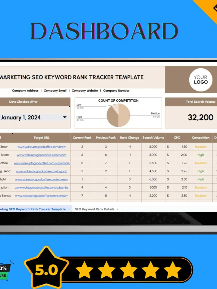 Marketing SEO Keyword Rank Tracker Template, Google Ranking Tracker, SEO Performance Spreadsheet, Keyword Position Monitoring Tool