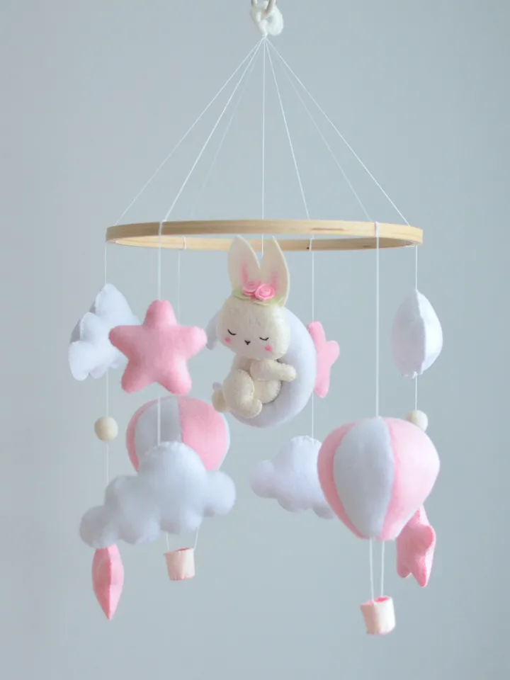 Hand sewn Bunny baby mobile for nursery decor with balloons ,clouds and stars