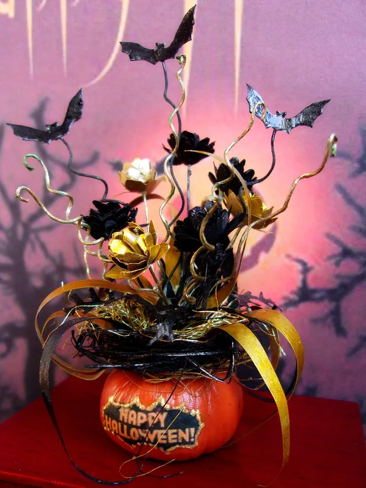 Halloween pumpkin. Festive pumpkin. Dollhouse miniature, Pumpkin with bats. Halloween. Handmade. 1:12.