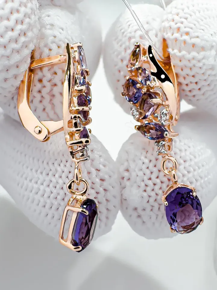 Earrings jewelry Silver gold plated 925 assay value with amethyst
