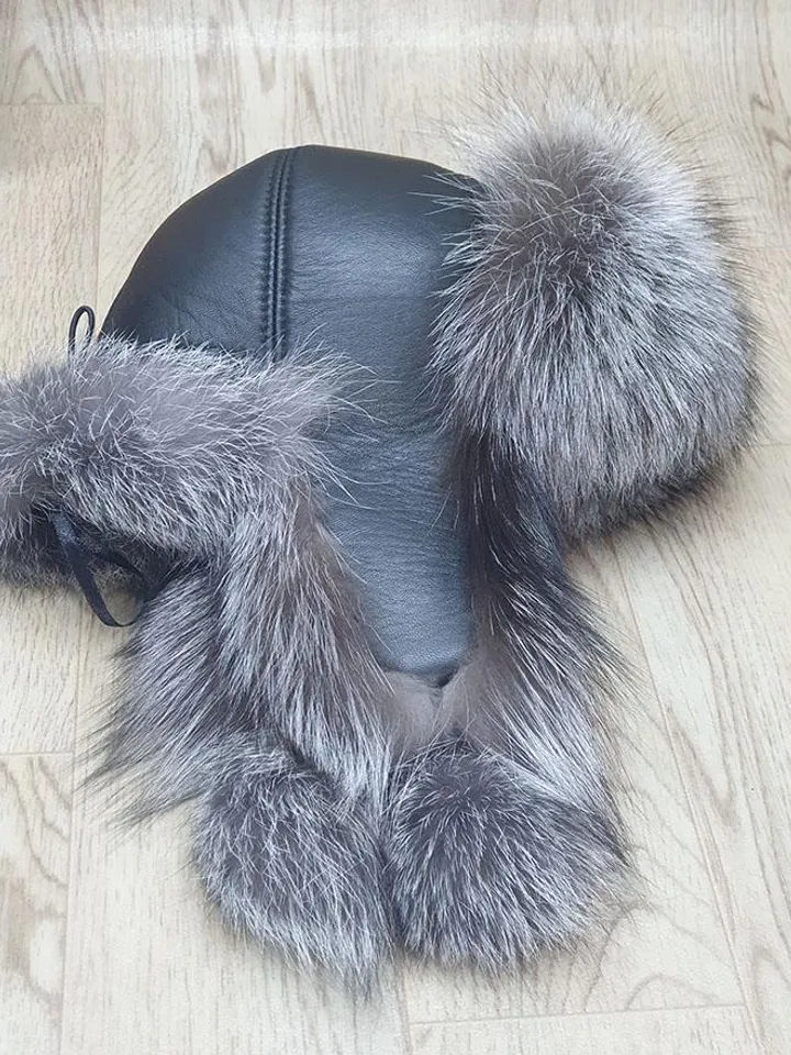 Women's Silver Fox Hat. Fur hat for Winter. Top of the hat is genuine leather. Hat with a pompom. Model Zimushka, Warm, Comfortable, Fashion