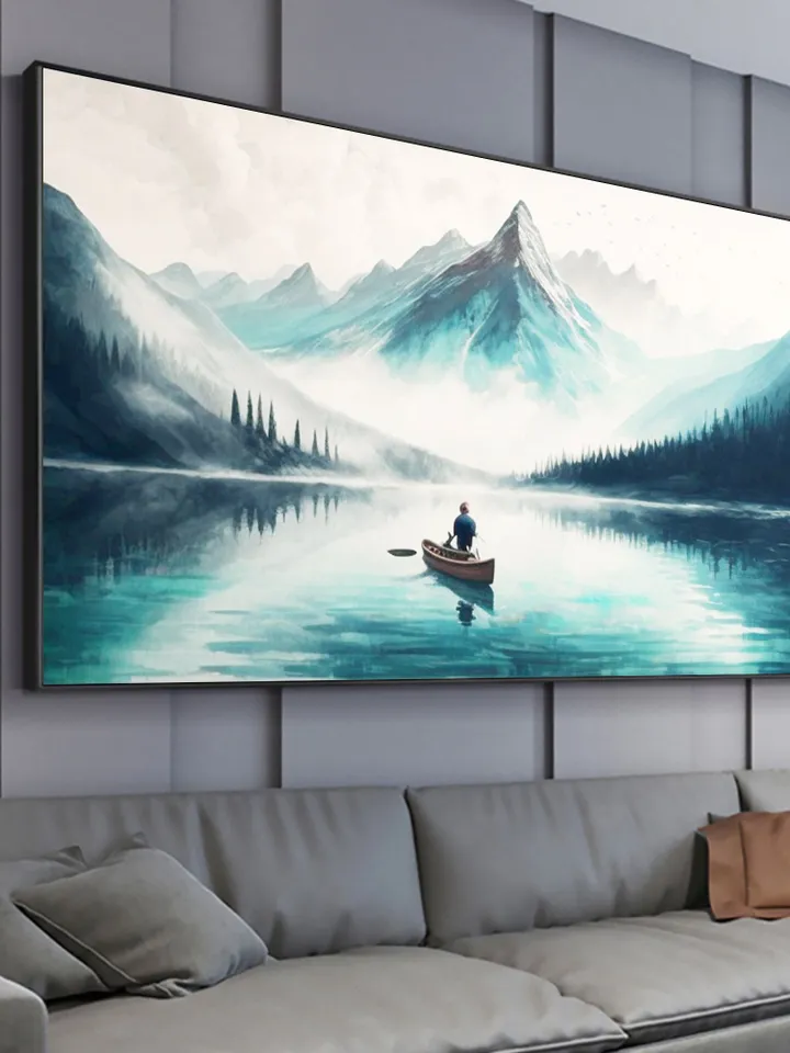 Original Landscape Oil Painting On Canvas, Abstract Snow Mountain Painting, Lake View Art, Boat Painting, Large Wall Art, Living room Decor