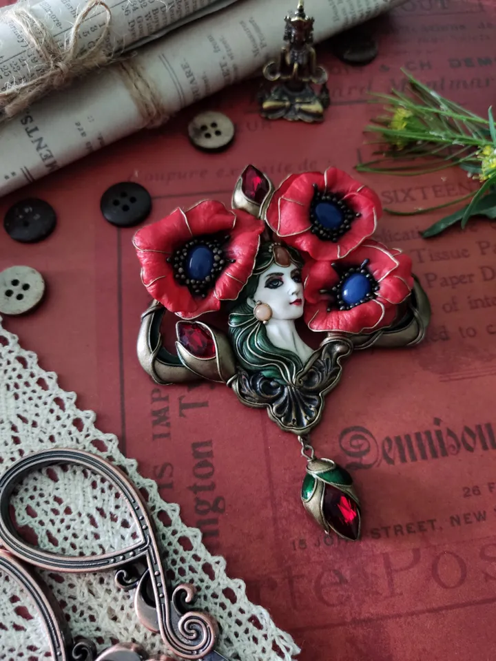 Virgin with Poppies, poppy brooch, red poppies, red flowers,poppy jewelry