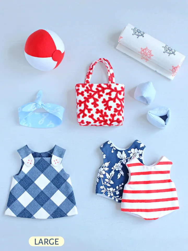 PDF 7-piece Beach Set for Large Doll (Clothes and Accessories) Sewing Pattern