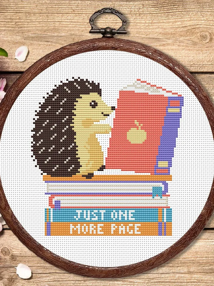 Just One More Page Cross Stitch Pattern, Hedgehog Cross Stitch Pattern, Books Cross Stitch Pattern, Books Patterns #qt001