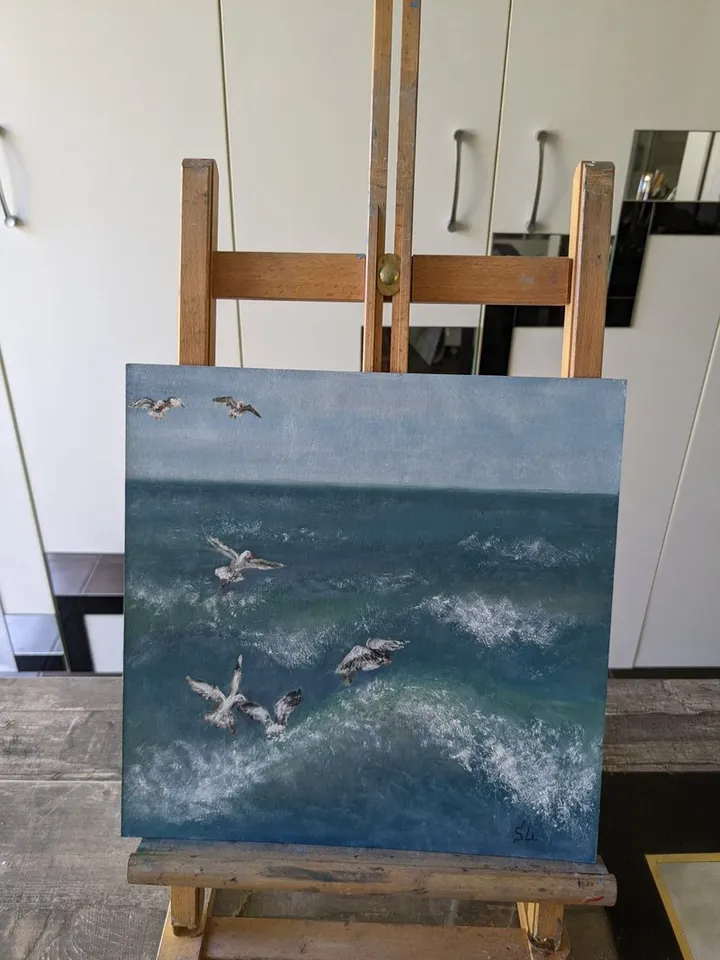 Seagulls Oil Painting Blue Sea And Birds Seascape Original Art 12x12 Inch