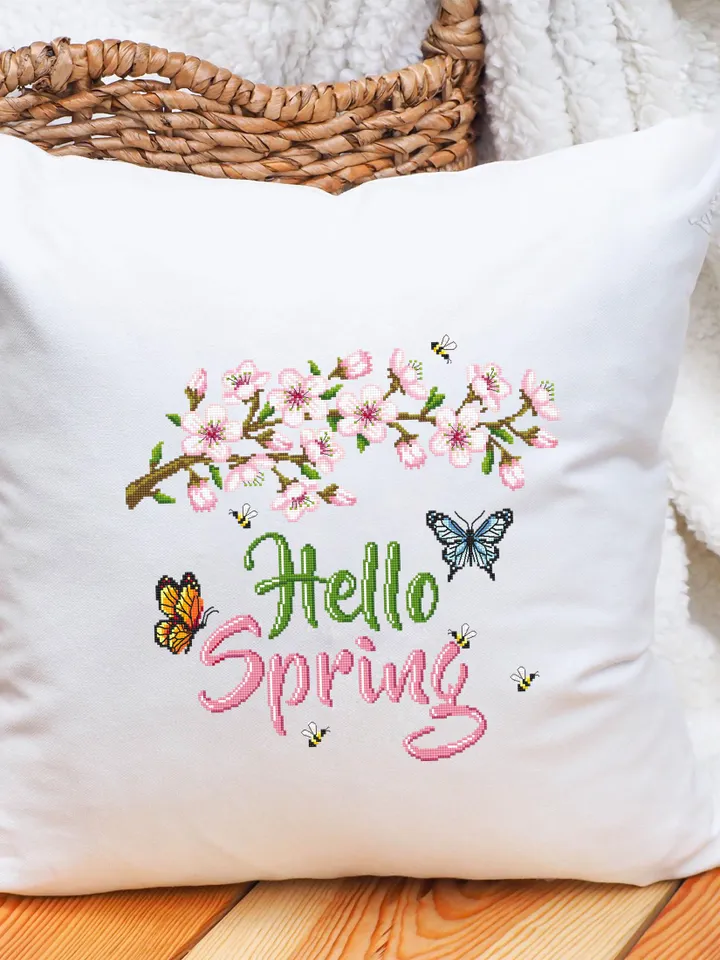 Hello spring cross stitch pattern PDF download Cherry blossom cross stitch chart, Floral pattern digital PDF Sakura flower cross stitch #Q66