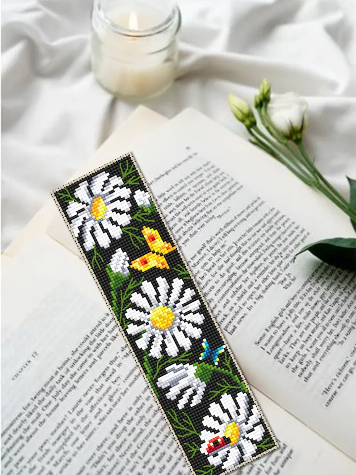Flower bookmark cross stitch pattern download PDF Chamomile flowers cross stitch chart, Handmade bookmark digital PDF, Floral pattern #B204