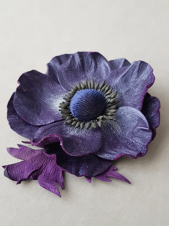 Dark blue leather brooch for her, Leather women's jewelry
