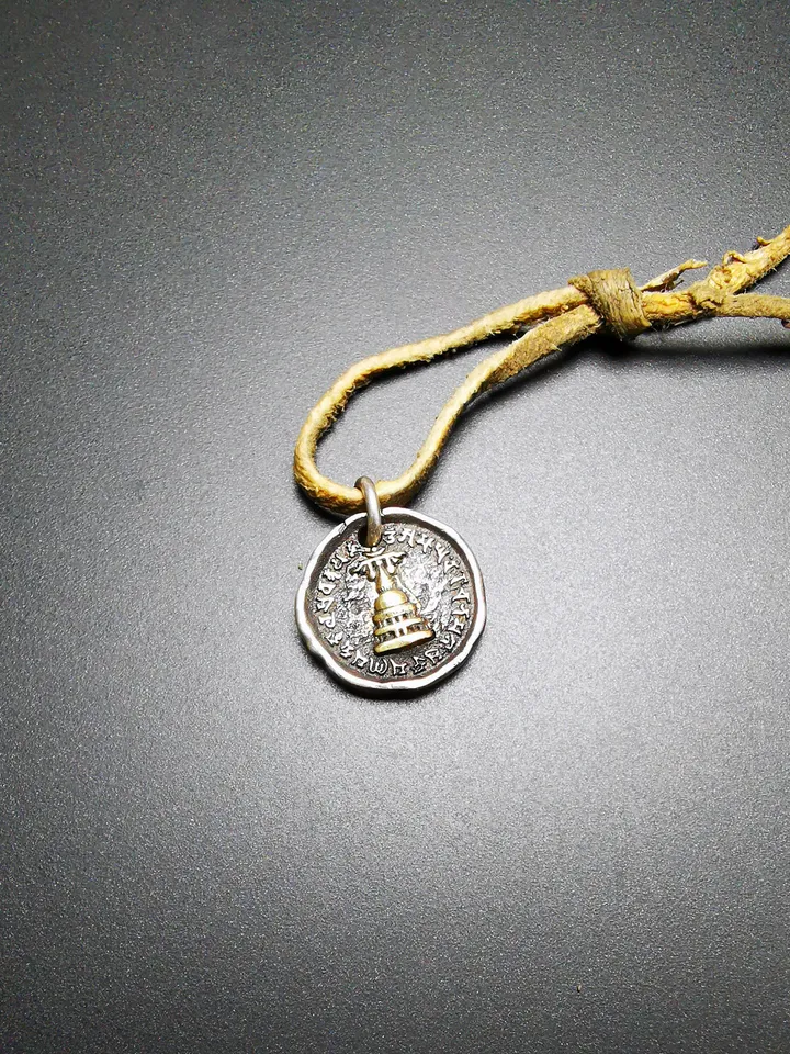 Gandhanra Handmade Tibetan Buddhist Protective Pendant,Stupa,Pagoda,Buddhist Tower Amulet Badge,Sterling silver Gilt