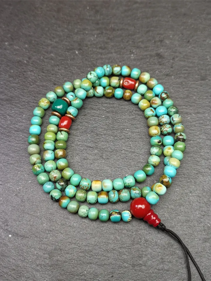 Gandhanra Old 108 Turquoise Beads Necklace Mala,Tibetan Prayer Beads for Meditation Practice ,Diameter 0.23", Circumference 24 inches