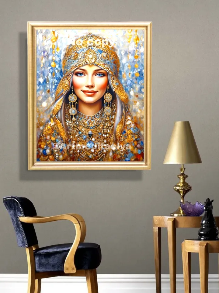 Digital abstract textural painting "Mysterious Russian Beauty" with expressive big blue eyes in a national costume on an abstract snowy mosaic background in golden-blue tones with zen elements of aged gold in the style of oil painting