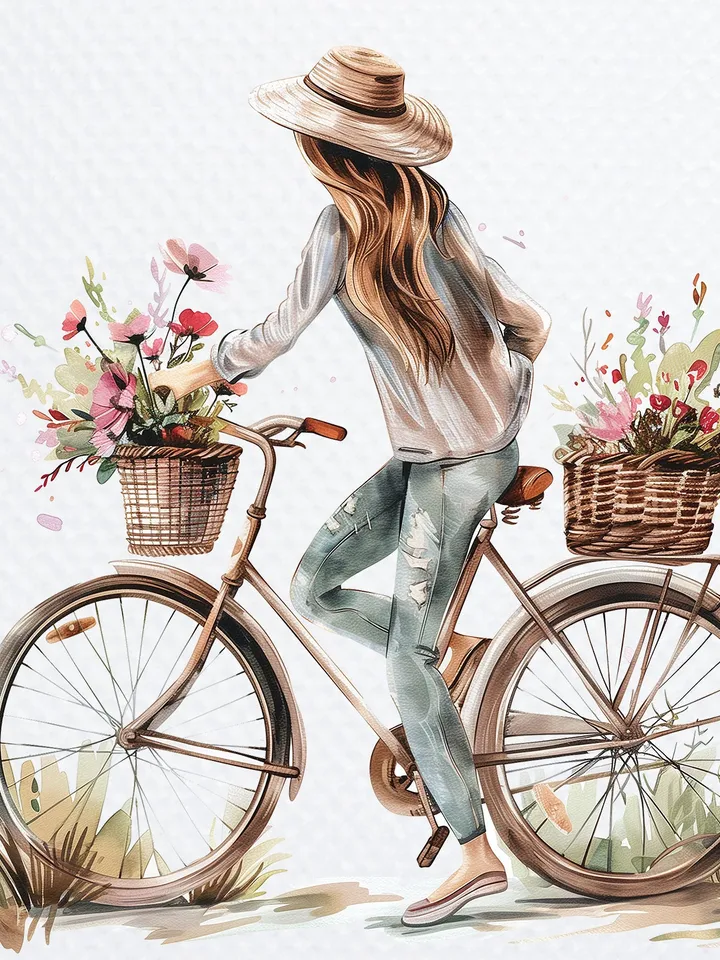12 PNG Woman on Bicycle Clipart Bundle, Printable Watercolor Floral Bicycle images for sublimation, Digital Paper craft, junk journals