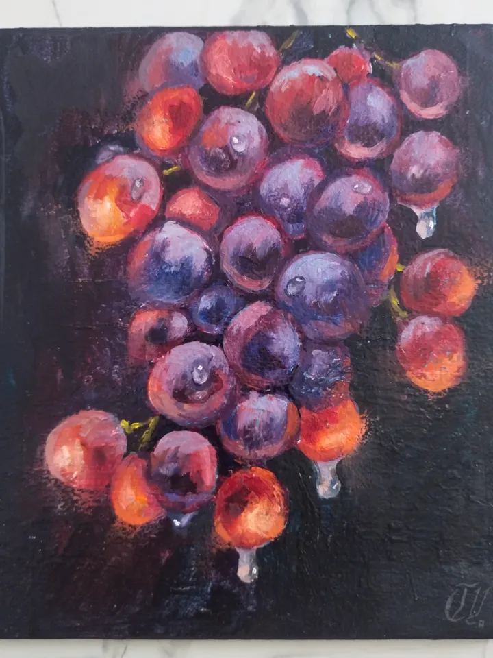 Original Grape oil painting, Lucent Fruit miniature art, Small fine art on panel