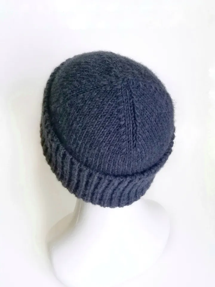 Handmade Alpaca Wool Seamless Blue Men's Winter Hat Warm and Cozy Handcrafted Knitwear, Fold-Up Cuff, Hand-Knit Beanie. FREE SHIPPING!