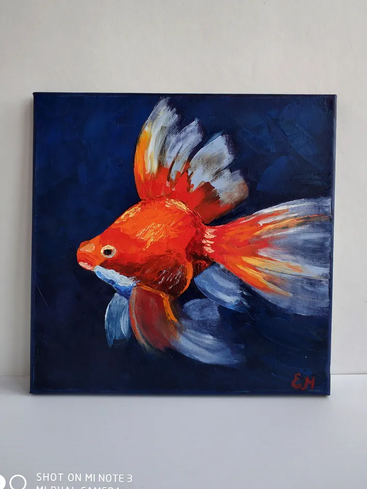 Oil painting goldfish, Bright fish, Symbol of good luck and happiness, Goldfish oil painting