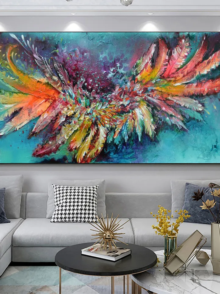 Original Painting On Cnavas, Abstract Colorful Feathers Painting, Boho Wall Decor, Large Wall Art, Modern Art, Office Living room Wall Decor