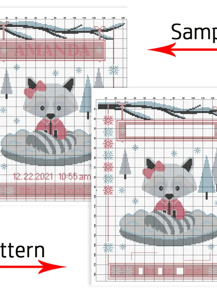 Baby Birth Announcement. Little Raccoon Cross Stitch Pattern. Animal Cross Stitch Chart. DIY. Customizable New Baby.