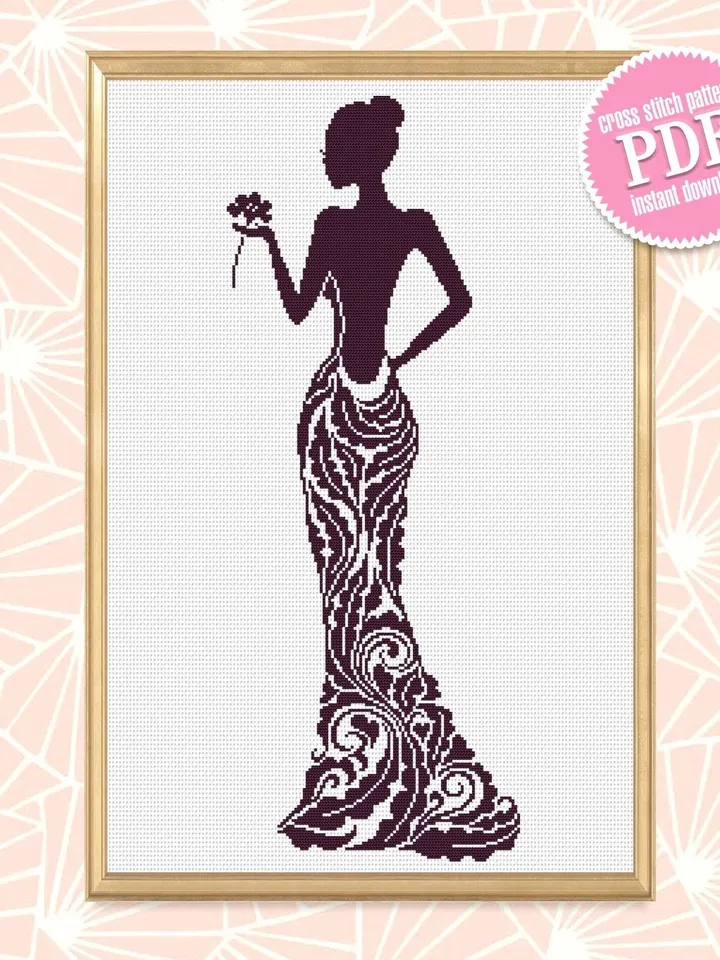 Elegant Dress cross stitch pattern download PDF Woman silhouette cross stitch chart, Monochrome cross stitch mandala dress, Home decor #M195