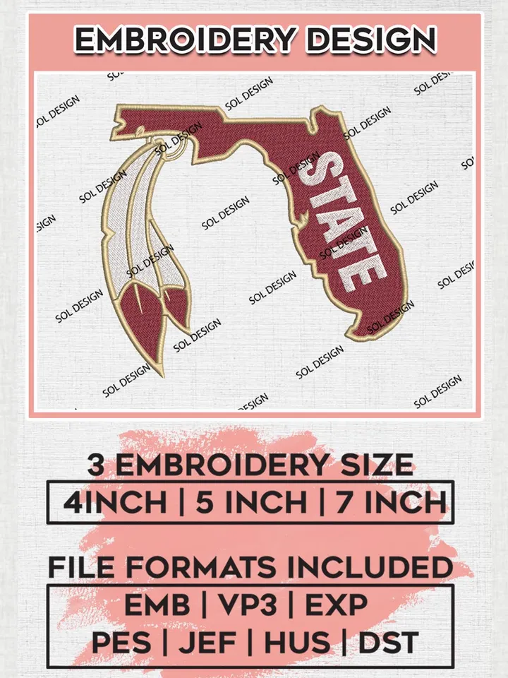 Florida State Seminoles Map Logo Machine Embroidery Design, NCAA Florida State Seminoles Embroidery Design Design files, NCAA Embroidery Designs, NCAA Machine Embroidery Designs, Digital Download