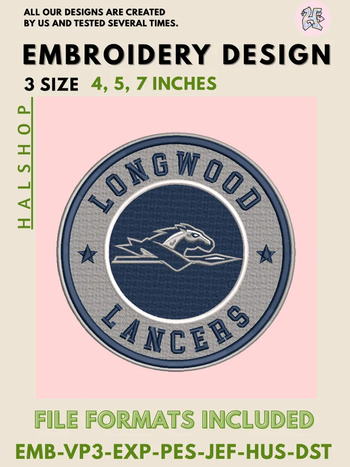 NCAA Longwood Lancers Round Logo Embroidery, NCAA Longwood Lancers Logo Embroidery Files, NCAA Teams, Machine Embroidery Designs, Digital Download