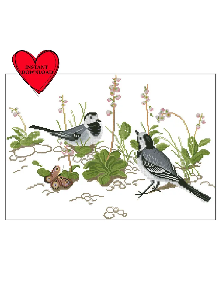 Two wagtails cross stitch pattern, two grey birds pillow cross stitch embroidery instant digital pdf