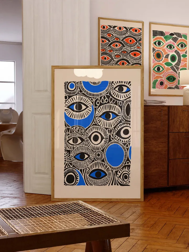 Surreal Eye Collage Print: Bold Blue Black Wall Art (Digital Download)