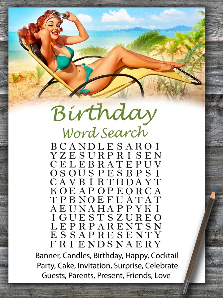 Pin up Birthday Word Search Game,Adult Birthday party game printable-fun games for her-Instant download