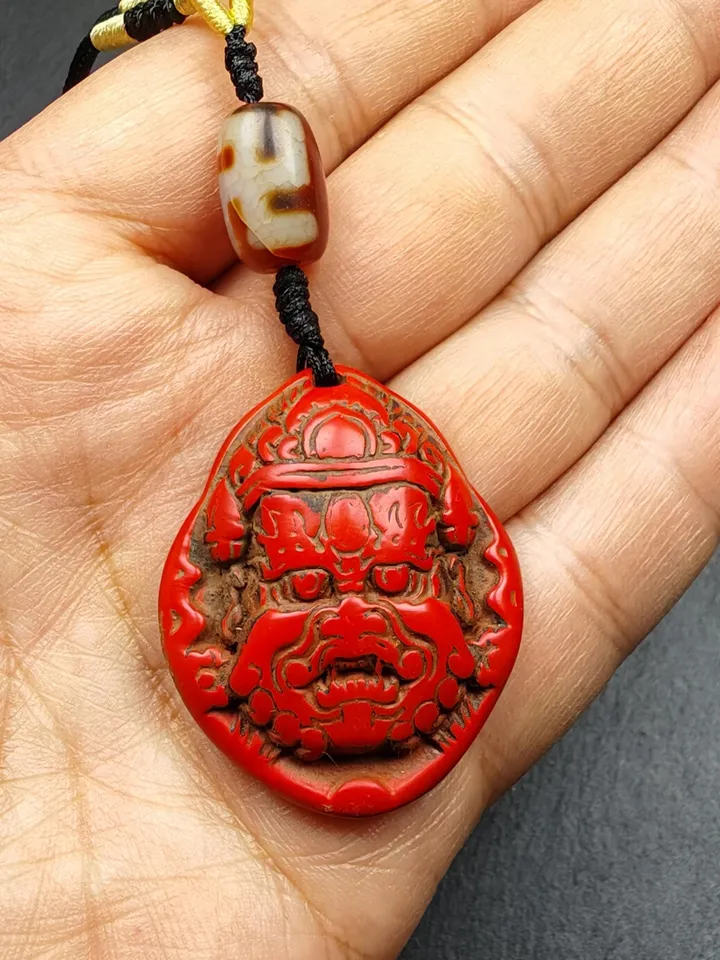 Authentic Old Cinnabar Mahakala Amulet with Dzi Bead, Gandhanra Tibetan Protective Charm,Spiritual Gift