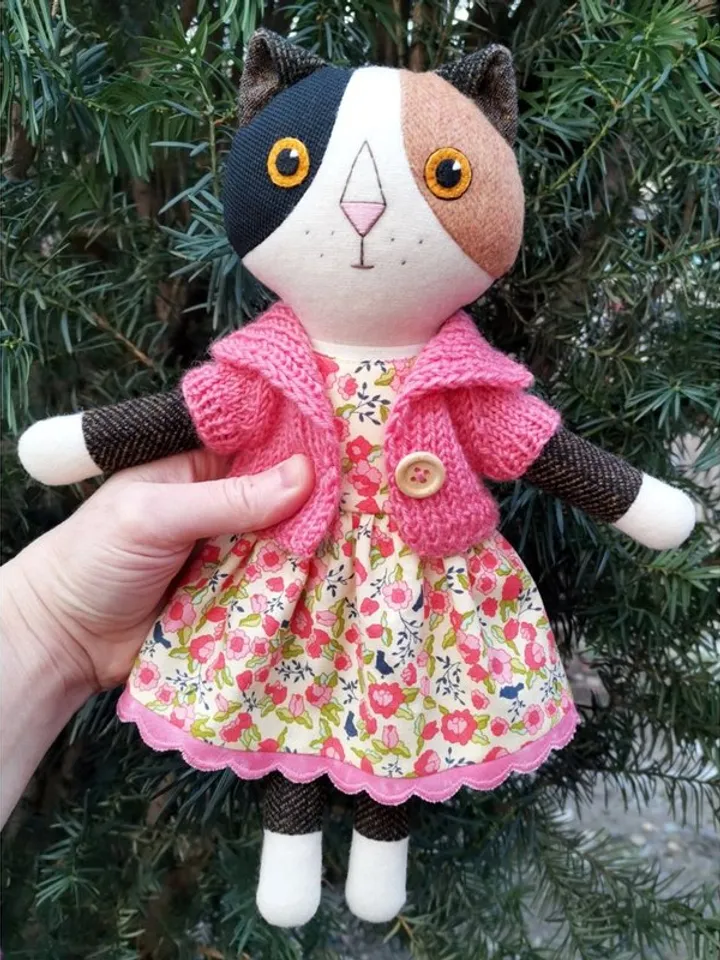 Calico cat, handmade stuffed doll, wool plush kitten toy, soft textile cat
