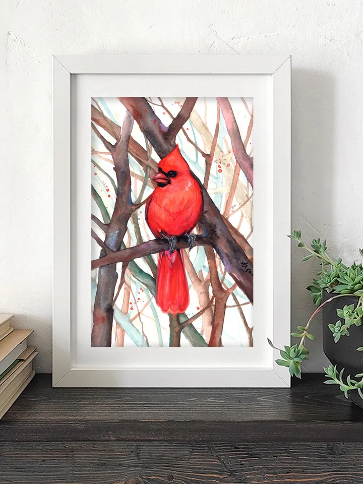 Red cardinal Bird Watercolor, bird painting, wall decor, birds lover gift, 8x11 in handmade art by Anne Gorywine